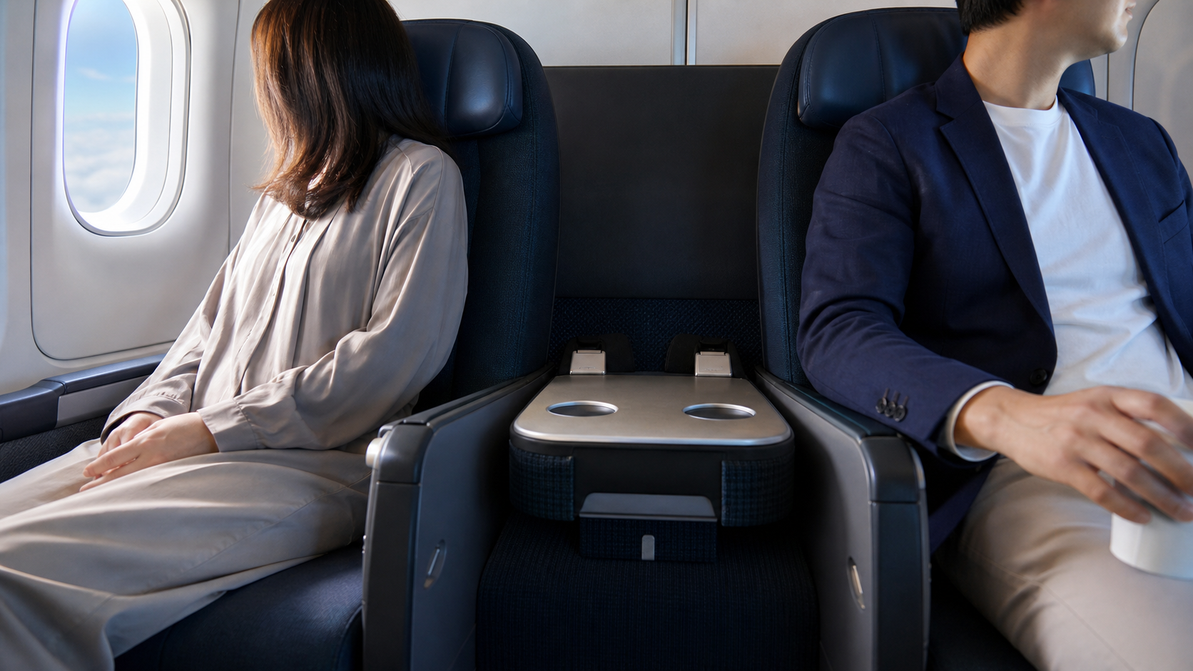 中央席を共有テーブルに置き換えた航空機エコノミー座席をイメージしたアイキャッチ