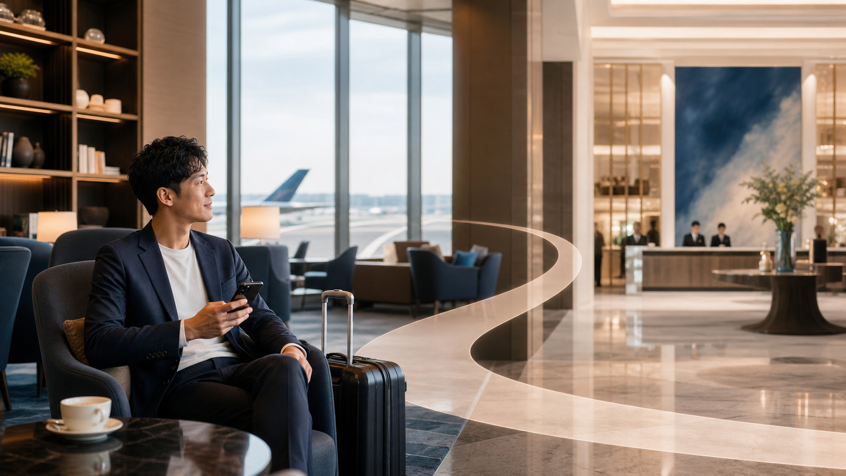 航空会社とホテルのポイント連携をイメージした旅行者