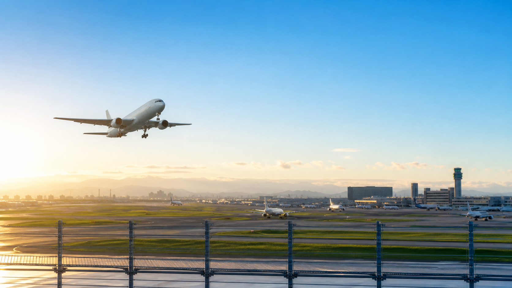夏の国内線旅行をイメージした、朝の空港滑走路を飛び立つ旅客機