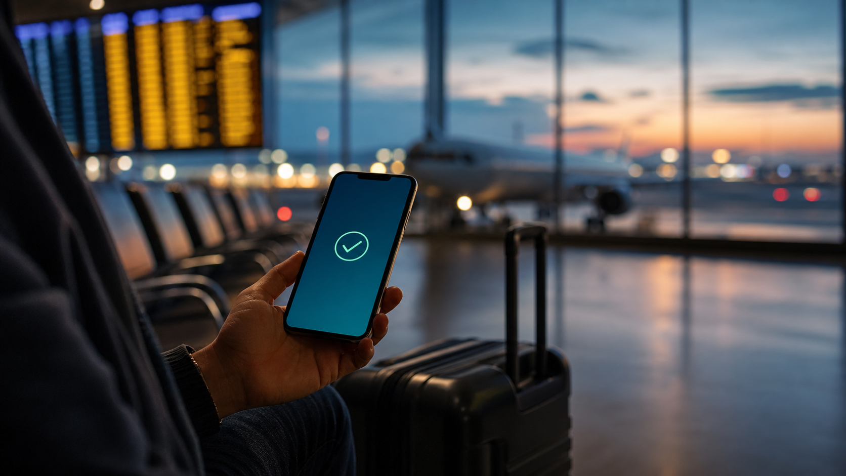 空港でスマートフォン決済を利用する旅行者のイメージ