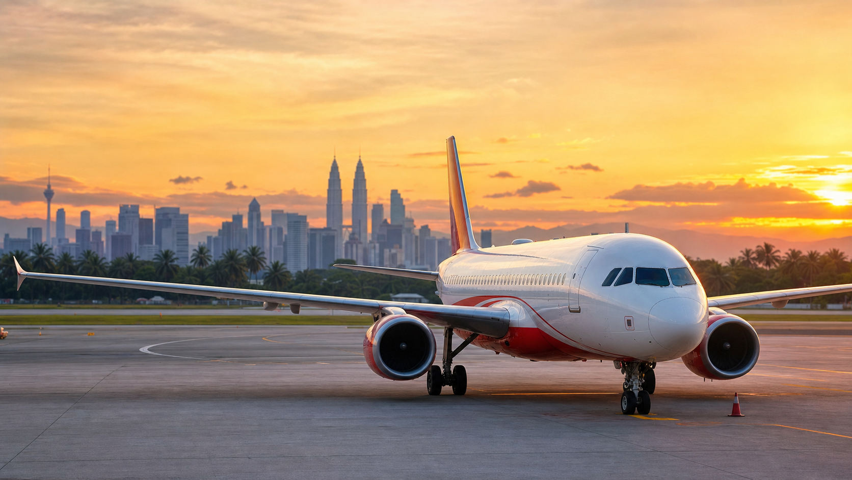クアラルンプール行き航空券セールをイメージした、朝焼けの空港と旅客機