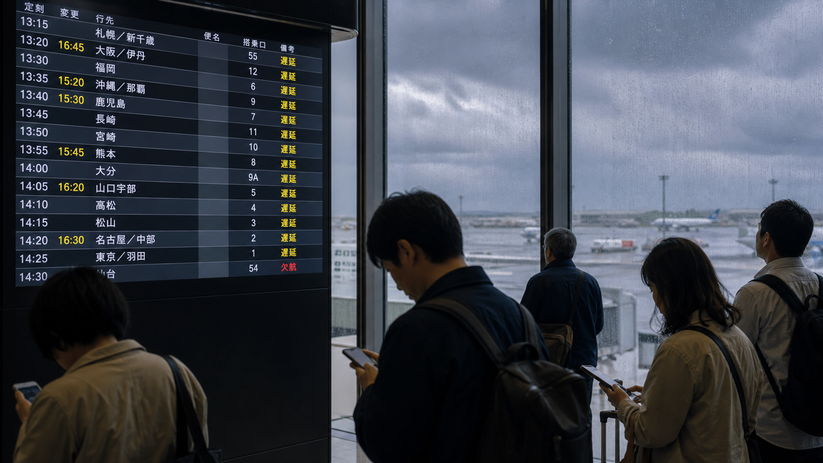 台風による運航影響を確認する空港利用者のイメージ