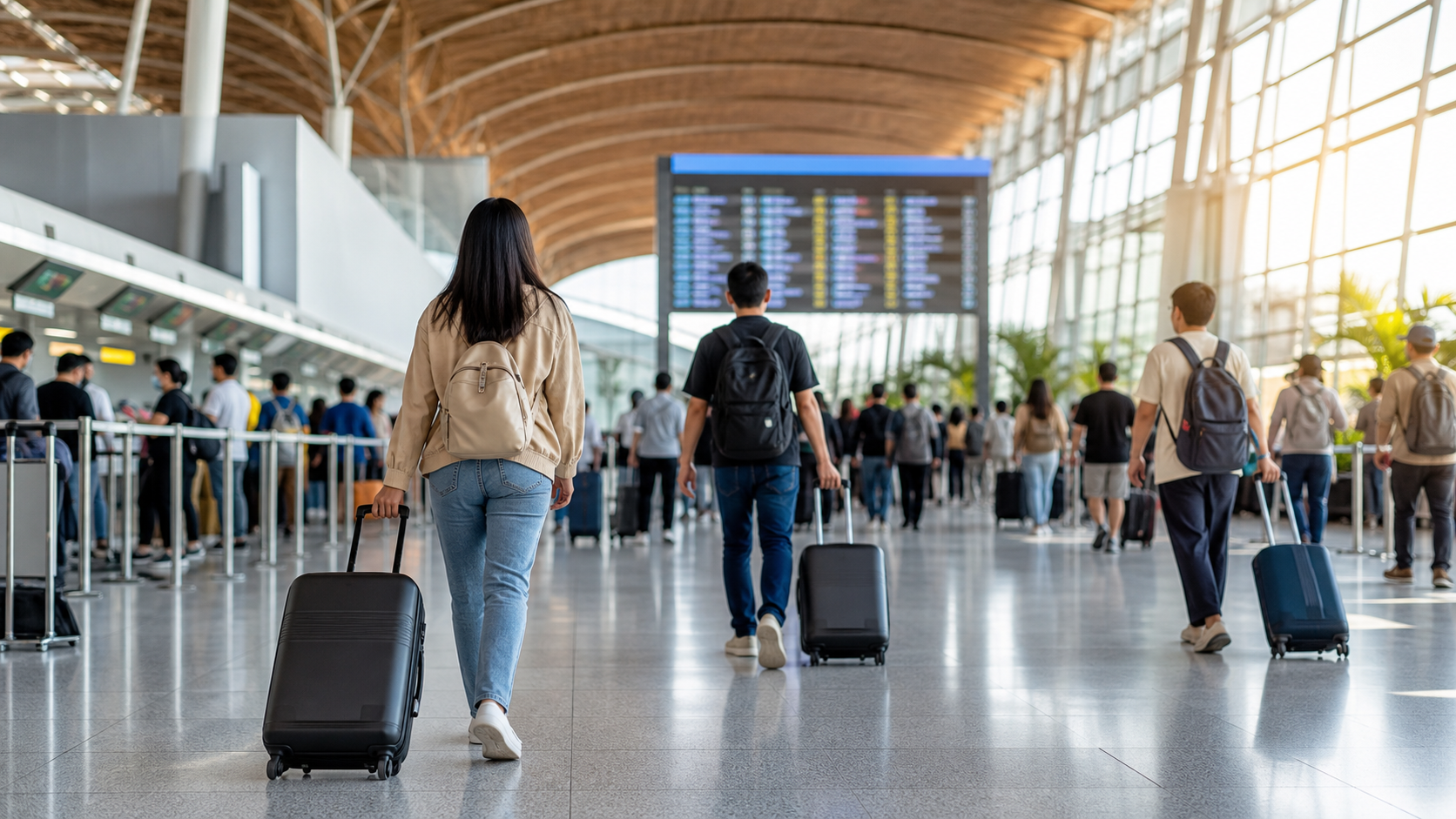 空港で早めの手続きをする旅行者をイメージしたアイキャッチ