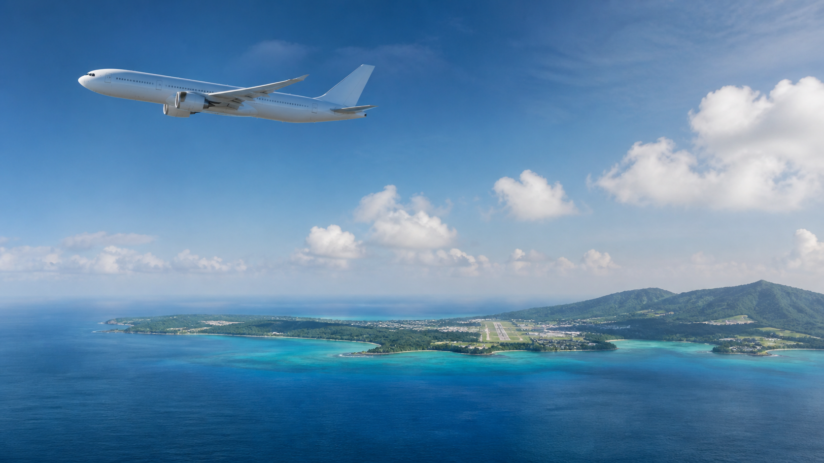 青い海と沖縄の島を背景に飛ぶ無地の旅客機を描いたユナイテッド航空国際線拡大の記事アイキャッチ