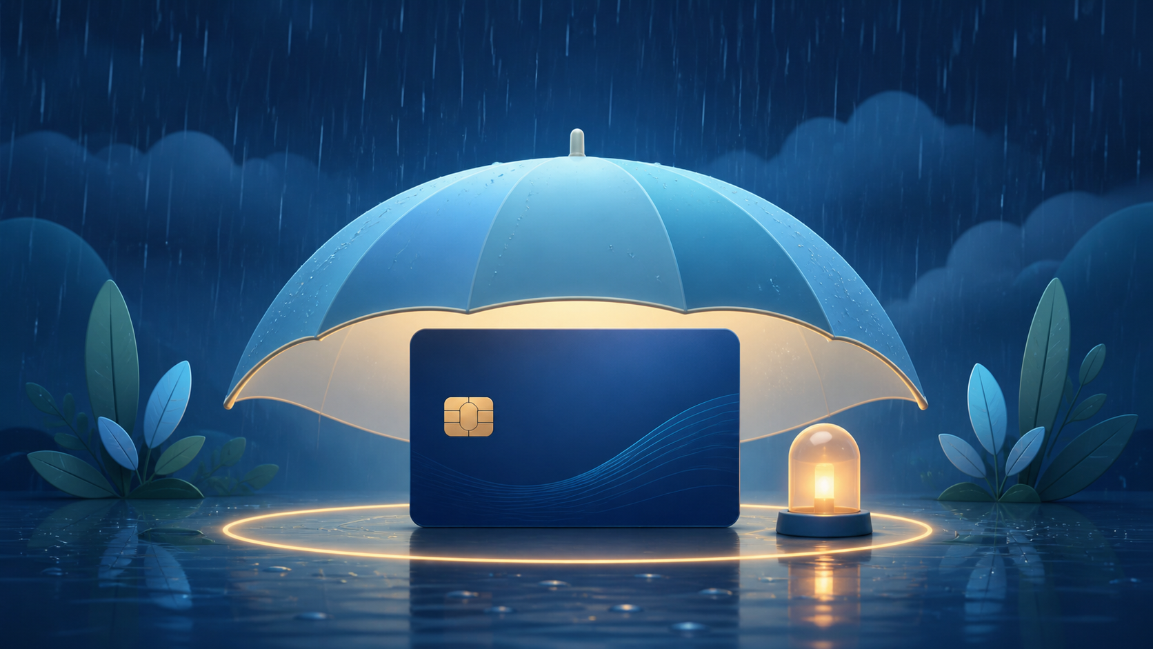 雨の中で傘に守られたカードを描いた、災害時のカード支援を表す抽象イラスト