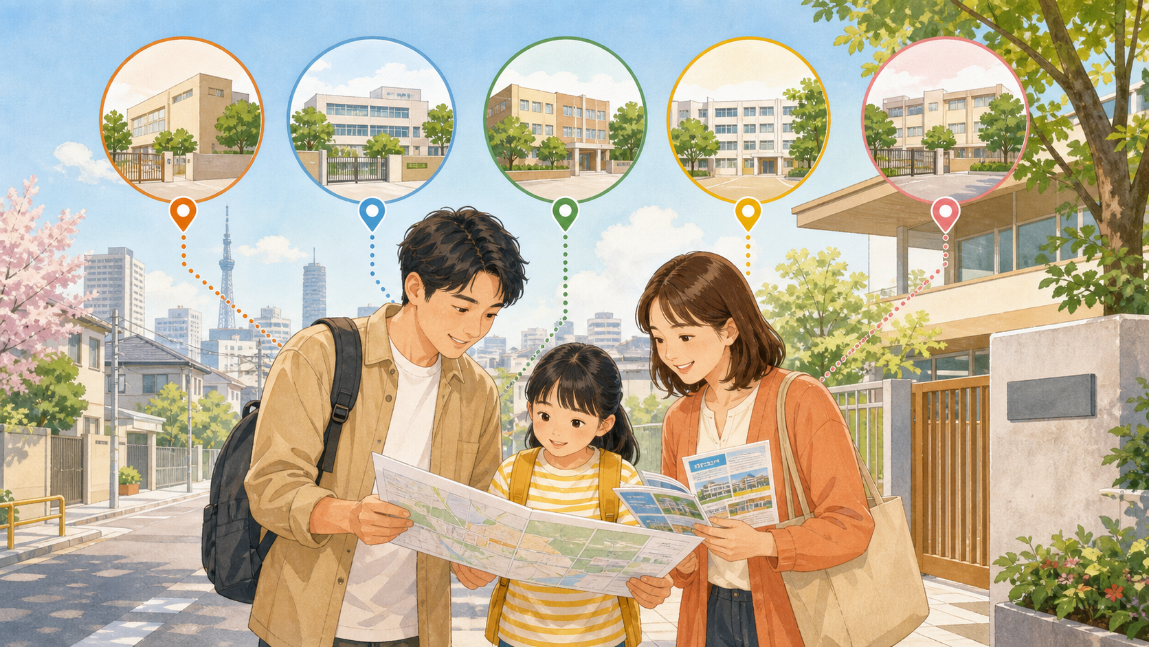 中央区の特認校5校を比較しながら小学校選びをする家族のイラスト