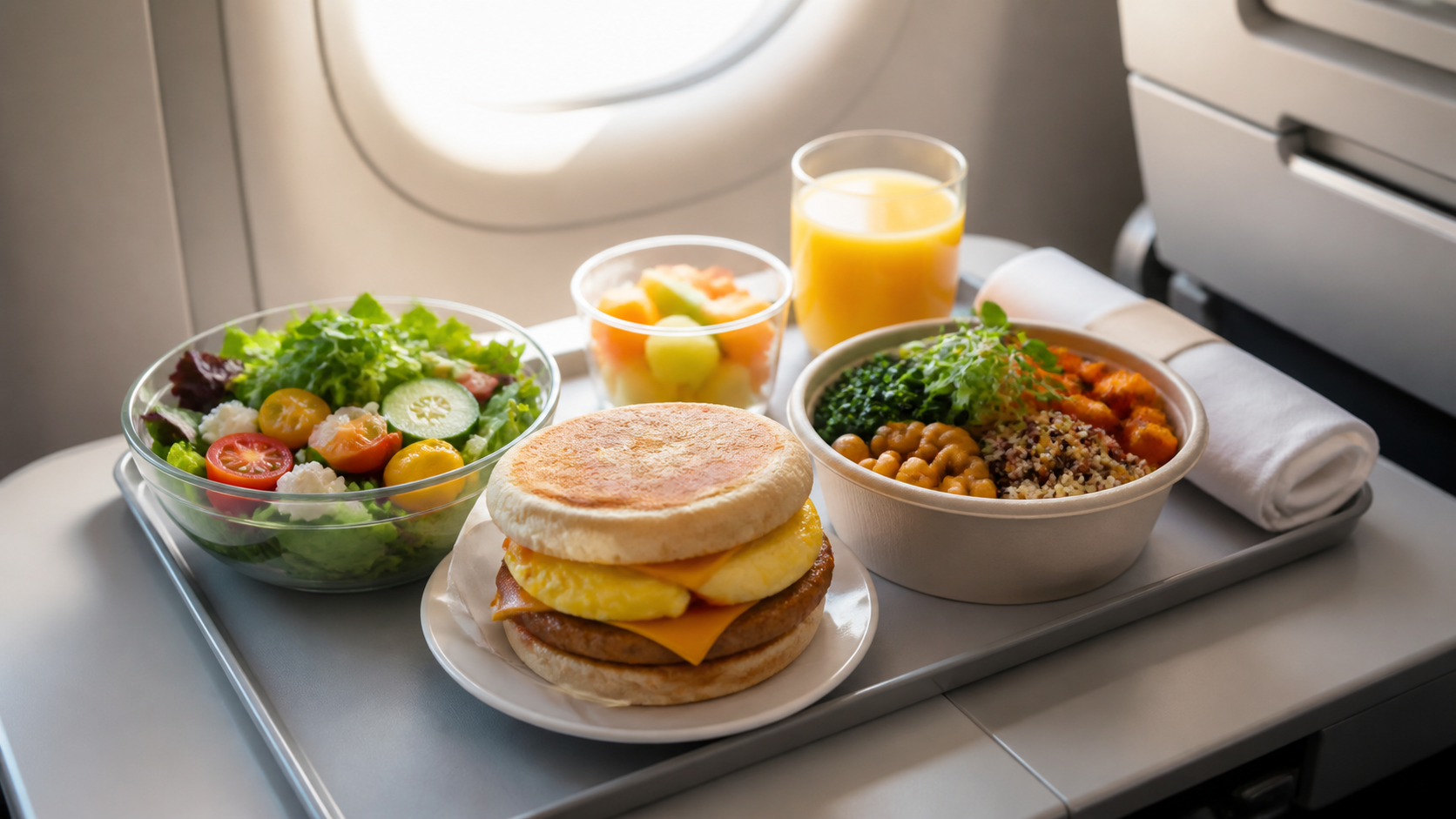 アラスカ航空の機内食メニュー刷新を表現した、ロゴや人物を含まない抽象的な機内食イメージ