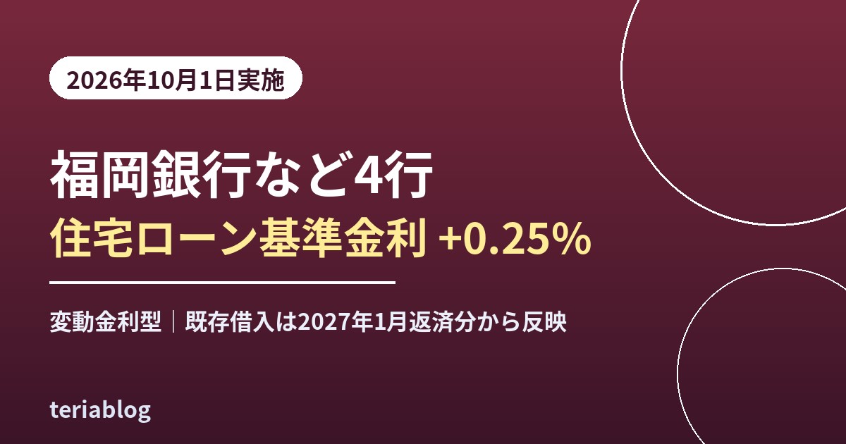 福岡銀行など4行の変動金利型住宅ローン基準金利引き上げを示すアイキャッチ
