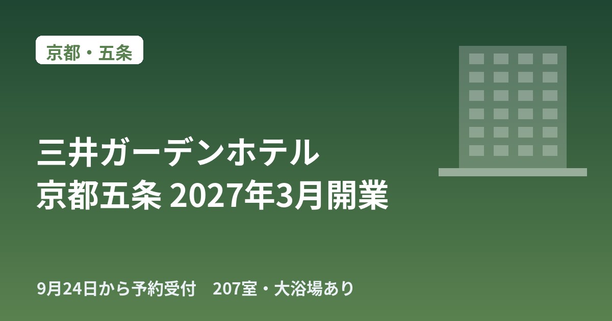 三井ガーデンホテル京都五条の開業を示すホテル建物のイメージ