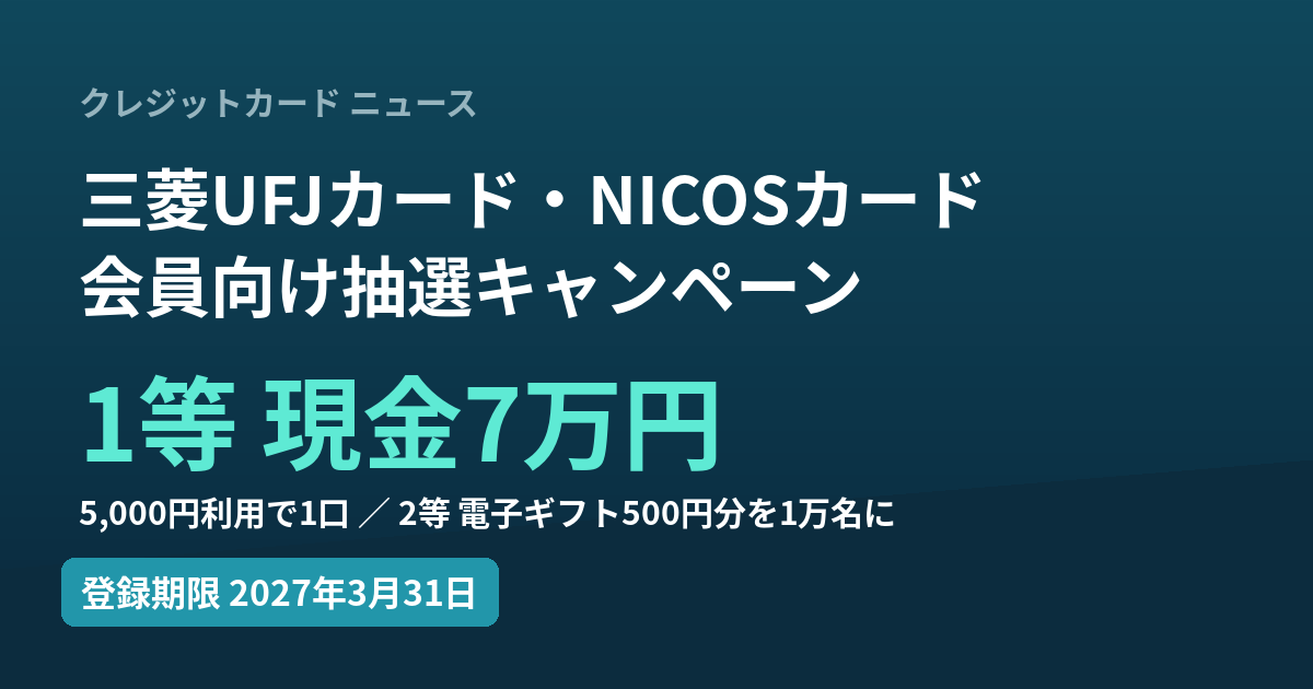 三菱UFJニコスのカード会員向けキャンペーンで1等現金7万円が当たることを示すイメージ
