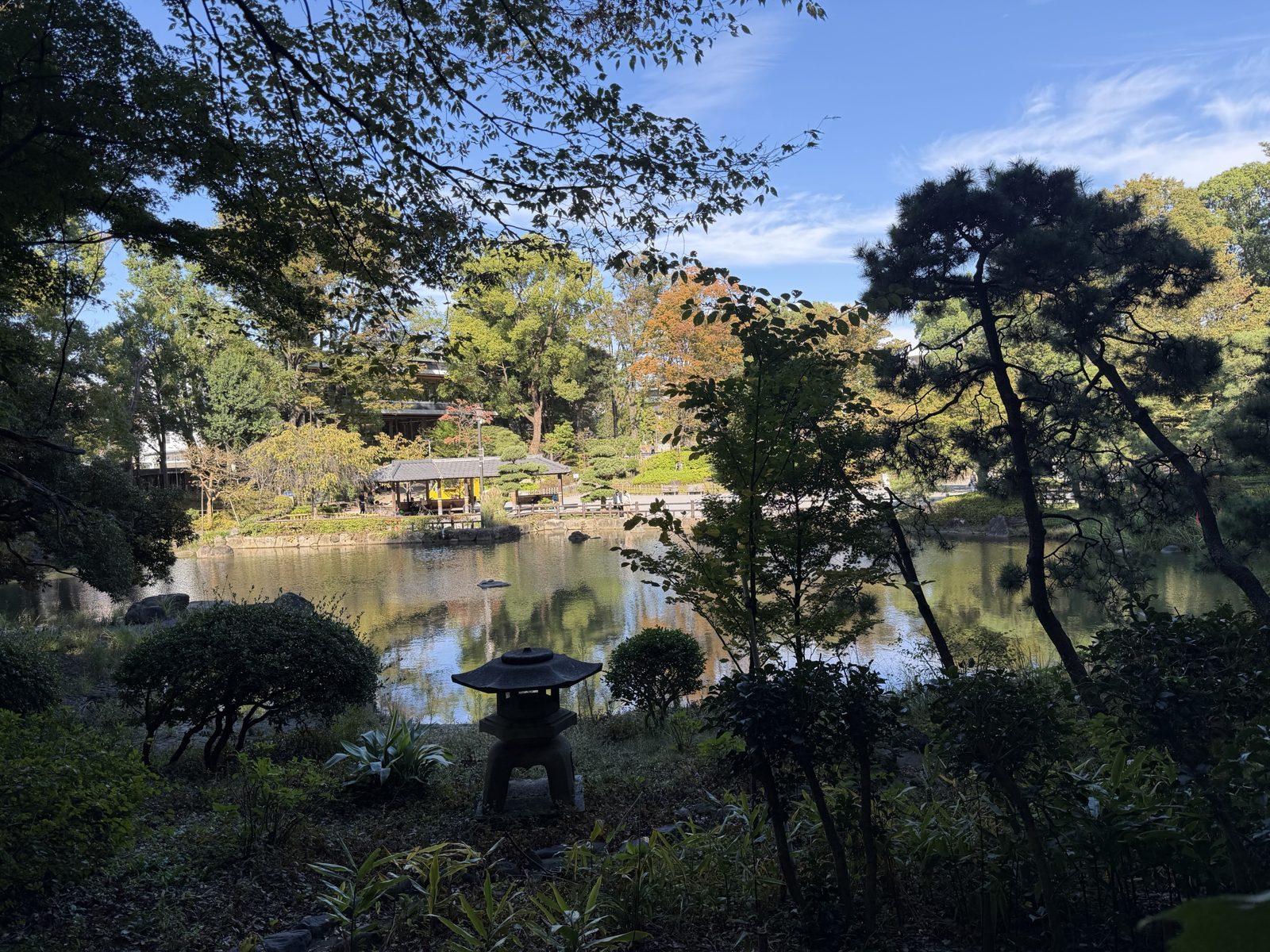 池のほとりの石灯籠と、対岸の四阿（あずまや）